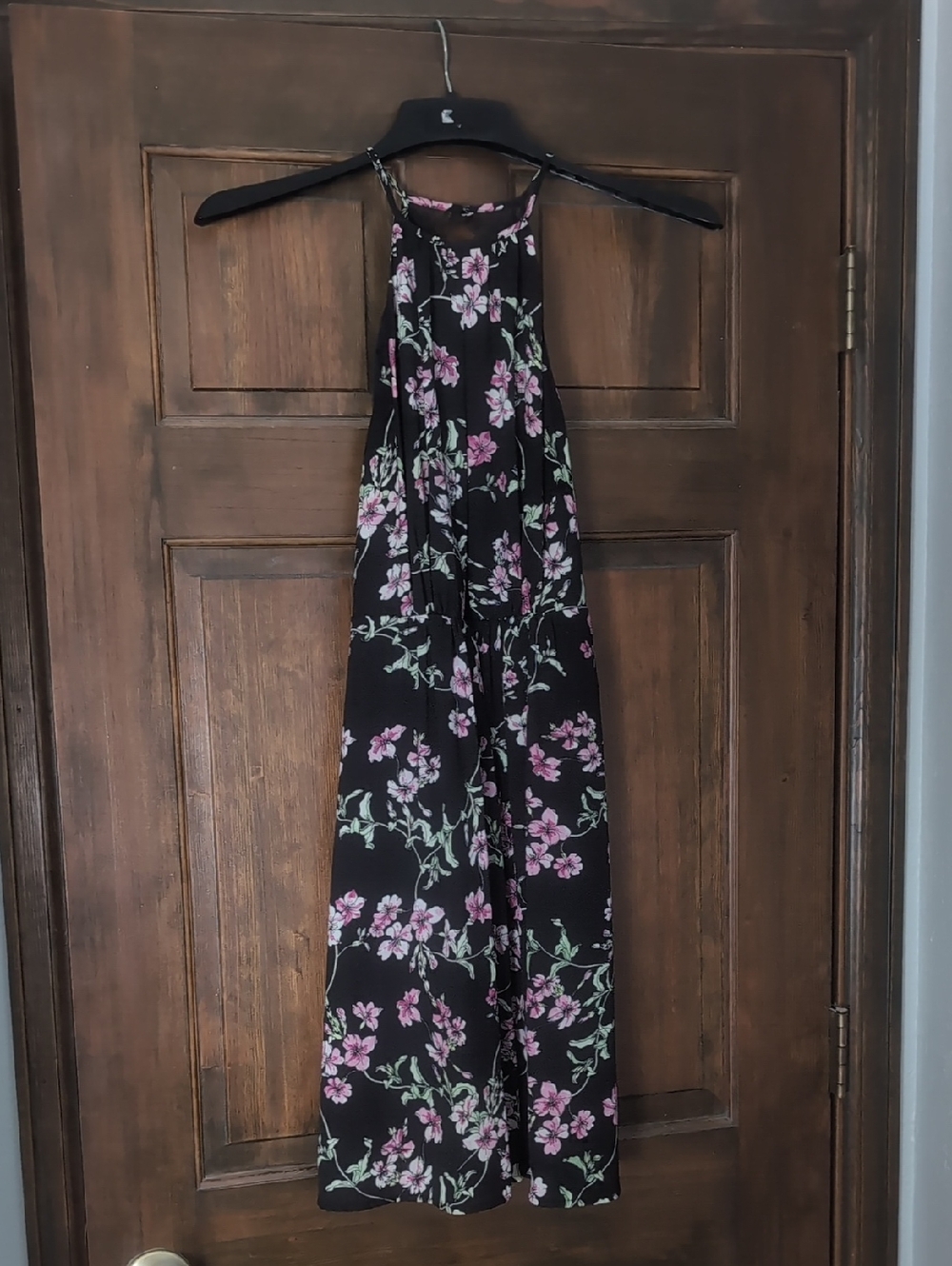 Black Floral Midi Dress with Pink Flowers